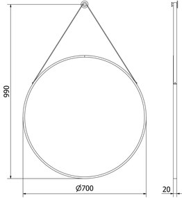 Mexen String, okrúhle kúpeľňové zrkadlo na pásiku 70 cm, farba rámu čierna matná, 9854-070-070-000-70