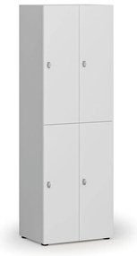 Drevená šatníková skrinka S4 s úložnými boxmi, 4 boxy, demont, otočný zámok, sivá/biela