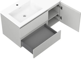 Mexen Rivel, kúpeľňová skrinka 90 cm s umývadlom Otis vľavo, 2S, 1D, drážkovaná, sivá matná/biela matná - 91A23-09047-3-BBFFF62-W18L01