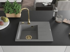 Mexen Ben, 1-komorový granitový drez 600x500x190 mm, ľavý + zlatý sifón, šedá, 6522605000-71-G