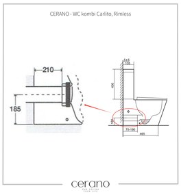 Cerano Carlito, WC kombi Rimless 610x365x850 mm, spodný/zadný odpad + UF toaletné sedátko, biela lesklá, CER-CER-417383
