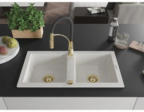 Mexen Mario, granitový drez 820x436x161 mm, 2-komorový a drezová batéria Aster, biela, 6504-20-73450-57-G