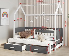 Detská domčeková posteľ z masívu borovice JASPER so šuplíkmi a prístelkou - 200x90 cm - biela/antracit