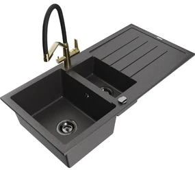 Mexen Andres, granitový drez 1000x500x200 mm, 1,5-komorový a drezová batéria Duo, čierna škvrnitá, 6515-76-671701-57-B