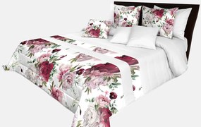 Prešívaný prehoz na posteľ v bielej farbe s dokonalou potlačou ružových a bordových pivonií