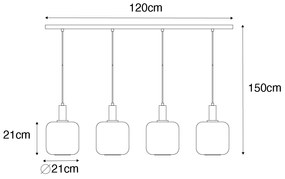 Dizajnové závesné svietidlo čierne s mosadzou a jantárovým sklom 4-svetlo - Zuzanna