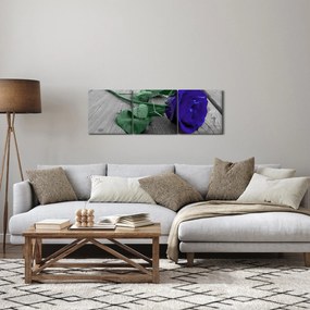 Obraz - Modrá ruža so zelenou stonkou (s hodinami) (90x30 cm)