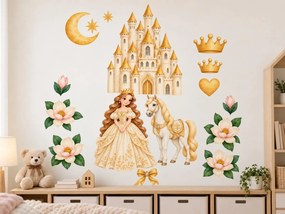 Princezná s koníkom pri zámku smotanovo zlaté nálepky na stenu do izbičky pre dievčatká hárok 23 x 46 cm