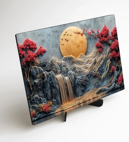 DUBLEZ | Drevený obraz - Zlatý mesiac nad vodopádom