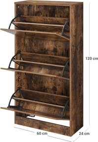 Botník s 3 výklopnými dvierkami, skrinka na topánky, rustikálna hnedá