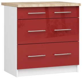 Spodná kuchynská skrinka s doskou OLIWIA S80 3SZ biela / červená, lesk