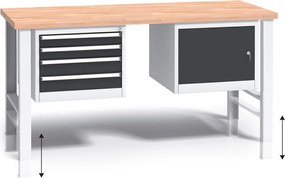 Výškovo nastaviteľný pracovný stôl do dielne G3 so závesným boxom a skrinkou na náradie, buková škárovka, 4 zásuvky, 1700 x 685 x 840 - 1050 mm, grafit