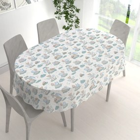 Biante Detský bavlnený oválny obrus Sandra SA-689 Dráčikovia s medvedíkmi na modrozelených obláčikoch na bielom 50x100 cm