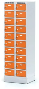 Alfa 3 Šatníková skrinka na sokli s úložnými boxami, 20 boxov, 1920 x 600 x 500 mm, cylindrický zámok, oranžové dvere