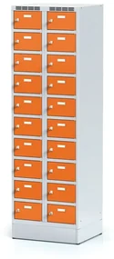 Alfa 3 Šatníková skrinka na sokli s úložnými boxami, 20 boxov, 1920 x 600 x 500 mm, cylindrický zámok, oranžové dvere