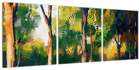 Obraz lesa v letnom slnku, maľba (s hodinami) (90x30 cm)