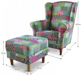 Kondela Kreslo, ušiak s taburetom, patchwork M1 látka, ASTRID