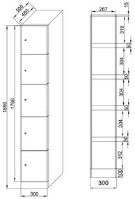 Šatníková skrinka s úložnými boxmi, 5 boxov, 1850 x 300 x 500 mm, zámok s čítačkou RFID kariet, tmavosivé dvere