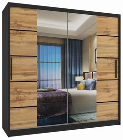 Šatníková skriňa 200 cm Belini čierny mat / dub wotan s posuvnými dverami zrkadlom a zásuvkami ME SZP5/1/B/DW/0/KLP