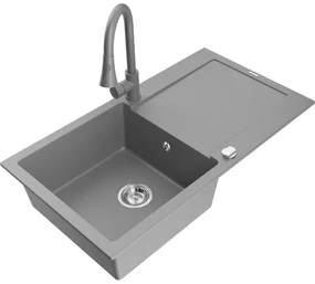Mexen Leo, 1-komorový granitový drez 900x500x190 mm a drezová batéria Elia, šedá, 6501-71-670101-71