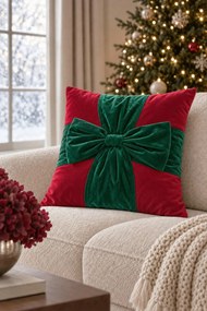 Velúrová obliečka na vankúš CHRISTMAS BOW červená 45x45 cm