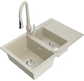 Mexen Gaspar, 1,5-komorový granitový drez 737x475x177 mm a drezová batéria Savita, béžová, 6507-69-672601-69