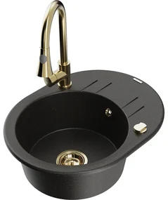 Mexen Kevin, 1-komorový granitový drez 586x458x190 mm a drezová batéria Elia, čierna-zlatá metalíza, 6517-75-670101-50