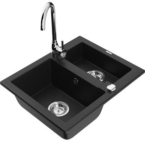 Mexen Carlos, granitový drez 582x475x177 mm, 1,5-komorový a chrómová drezová batéria Telma, čierna, 6518-77-670200-00