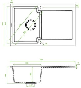 Kuchinox Chichi, 1-komorový granitový drez 740x480x194 mm, šedá, LAV-SBH_511Y