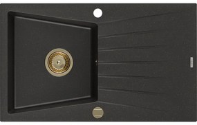 Mexen Cesar granitový jednokomorový drez s odkvapkávačom 775 x 470 mm, Čierna/Zlatá metalíza, Sifón Zlatá - 6514771010-75-G