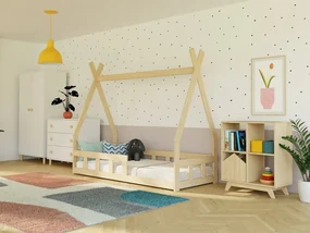 Domčeková nízka posteľ FENCE 6v1 v tvare teepee so zábranou