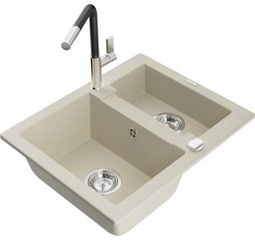 Mexen Carlos, 1,5-komorový granitový drez 582x475x177 mm a drezová batéria Flora, béžová, 6518-69-670401-07