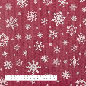 Vianočný PVC obrus Biele vločky na červenom PV-133 - metráž š. 140 cm