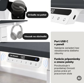 Elektrický stôl s nastaviteľnou výškou ergonomický bielo-antracitový,1600x800 mm: ARIA