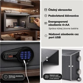Hotelový trezor elektronický s kódovým zámkom, na notebook 15″ a dokumenty, 200 x420x370 mm: ALFRED