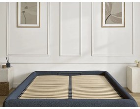 Tmavomodrá čalúnená dvojlôžková posteľ s úložným priestorom/bez čela s roštom 160x200 cm Inera – Bobochic Paris