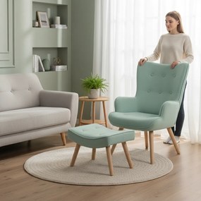 Kreslo ušiak CORDU + taburet — masív, látka, prírodná / mentolová