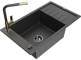 Mexen Elias, 1-komorový granitový drez 795x480x200 mm a drezová batéria Flora, čierna škvrnitá, 6511-76-670401-75-B