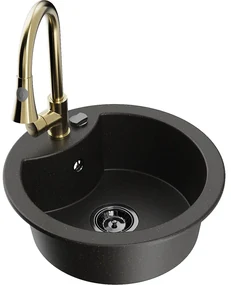 Mexen Diego, 1-komorový granitový drez 488x488x167 mm a drezová batéria Elia, čierna-zlatá metalíza, 6512-75-670101-50-B