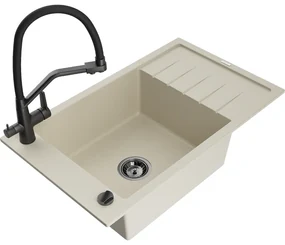 Mexen Elias, 1-komorový granitový drez 795x480x200 mm a drezová batéria Duo, béžová, 6511-69-671701-70-B