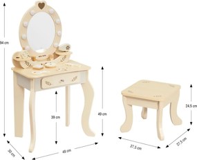 Veľká drevená toaletka ELLY pre deti s LED svetlom a taburetkou natural