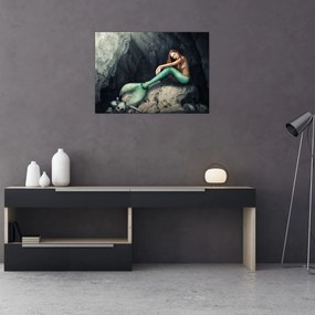 Sklenený obraz - Morská panna na skale (70x50 cm)