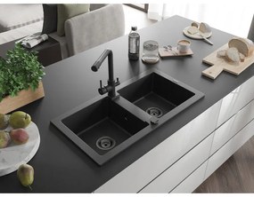 Mexen Mario, 2-komorový granitový drez 820x436x161 mm a čierna drezová batéria Duero, čierna, 6504-77-671600-70-B