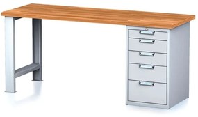 Alfa 3 Dielenský pracovný stôl MECHANIC I, pevná noha + dielenský box na náradie, 5 zásuviek, 2000 x 685 x 880 mm, sivé dvere