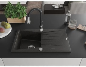 Mexen Cesar, 1-komorový granitový drez 775x470x190 mm a drezová batéria Savita, čierna-zlatá metalíza, 6514-75-672601-70