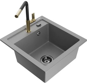 Mexen Vito, 1-komorový granitový drez 490x520x210 mm a drezová batéria Flora, šedá, 6503-71-670401-57-B