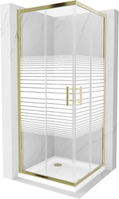 Mexen Rio, štvorcový sprchovací kút s posuvnými dverami 90 (dvere) x 90 (dvere) x 190 cm, 5mm číre sklo s pásikmi, zlatý profil + biela sprchová vanička SLIM, 860-090-090-50-20-4010G