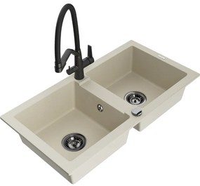 Mexen Mario, granitový drez 820x436x161 mm, 2-komorový a drezová batéria Duo, béžová, 6504-69-671701-70-B