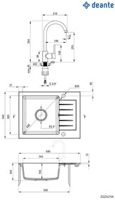 Deante Zorba, granitový drez 580x440x164 mm B/O, 3,5" + priestorovo úsporný sifón, 1-komorový + Nemezja batéria, grafitová, ZQZA211A