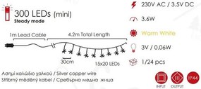 ACA Lighting LED dekoračná strieborná girlanda Starburst, 420 cm, teplá biela farba, 230V